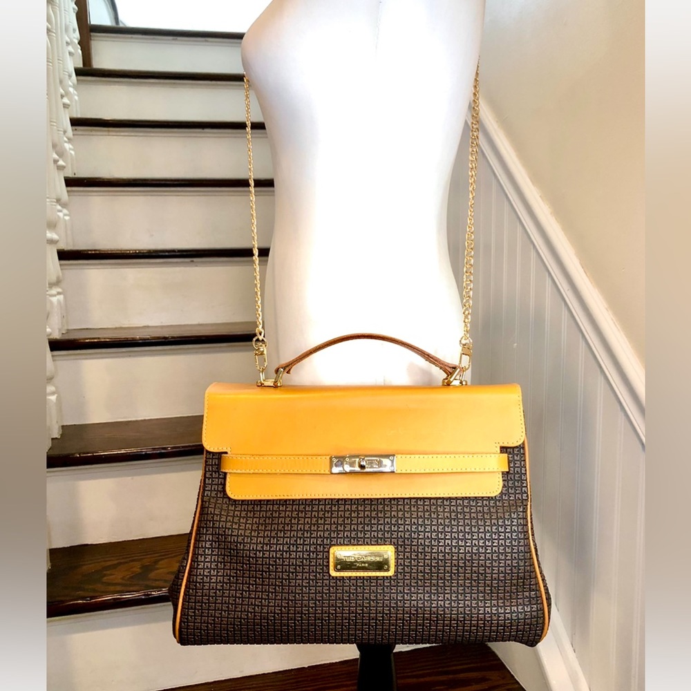 TED LAPIDUS Caramel Leather Top Handle & Monogram Logo Vinyl Crossbody Satchel - Picture 2 of 16